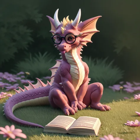 purple dragon with glasses sitting on a book in a field of flowers