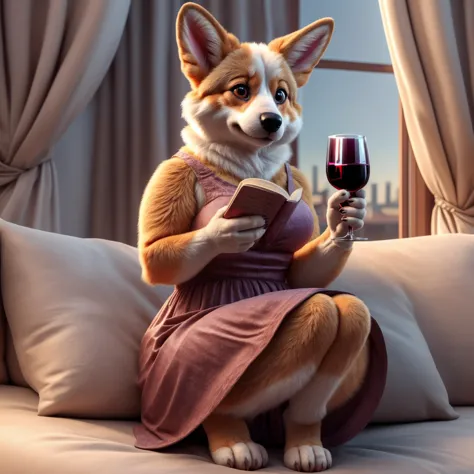 UHD 8k, HDR+, cute female corgi, wearing a sundress, intricately detailed, reading a book, (glass_of_wine:1.37), (paws|4_fingers:0.7)