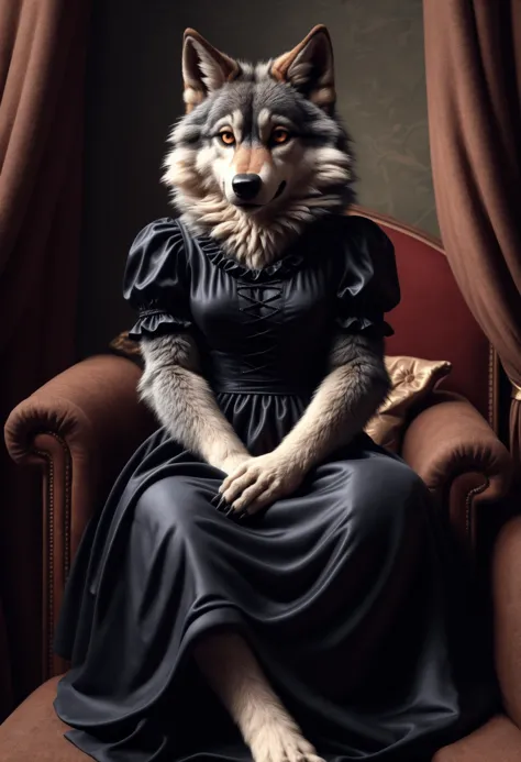 1girl, furry, wolf, gothic dress, sitting_properly, highly detailed, Vintage, 1990s, (smooth_fur)