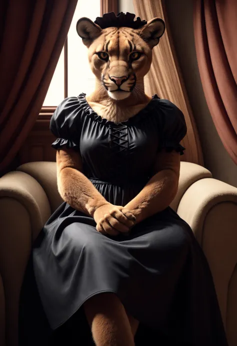 1girl, furry, cougar, gothic dress, sitting_properly, highly detailed, Vintage, 1990s, (smooth_fur)