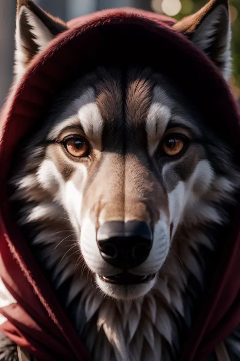 1girl, wolf, excited, (little_red_riding_hood), boopable_snoot, (fluffy_fur), photo, full_frame, (realistic:1.5), closeup