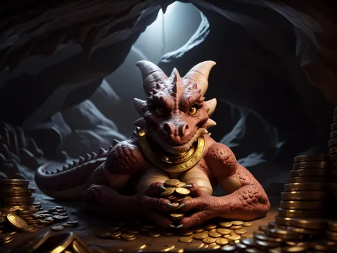 cave, atmospheric lighting, cinematic angle, female kobold, lying on stomach, pile of gold_coins, ((hands_under_chin):1.35), looking_at_viewer