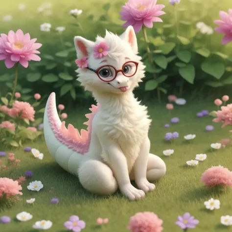 there is a white cat with glasses sitting in the grass