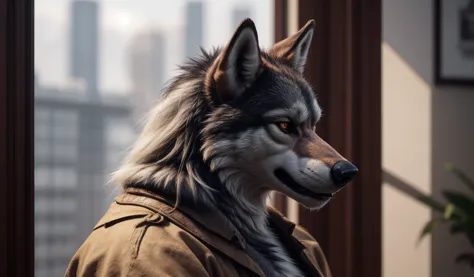 a close up of a wolf with a jacket on in front of a window