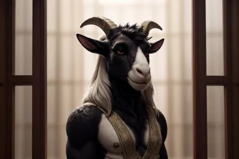 araffe with a goat head and a bodysuit in a room