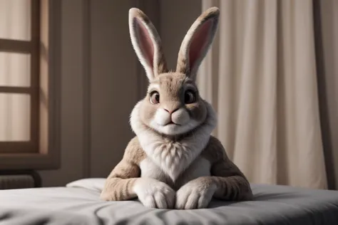 a close up of a stuffed rabbit sitting on a bed