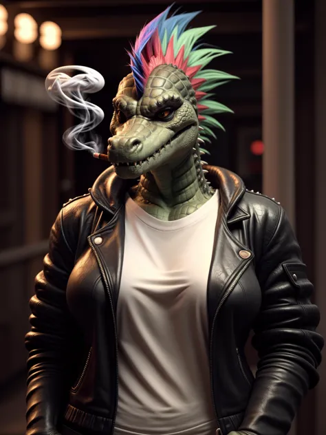 1girl, solo, alligator_punk, multicolored mohawk, smoking, she's tired of you.