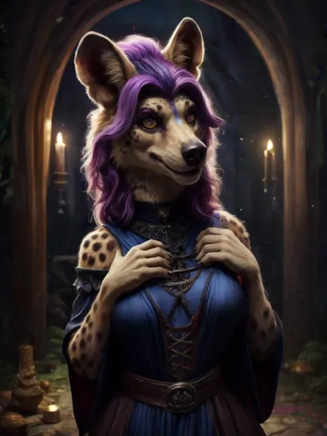 a woman in a blue dress and purple hair is holding a wolf