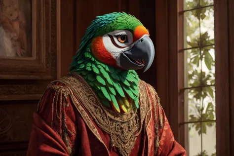 a close up of a parrot wearing a red and green costume