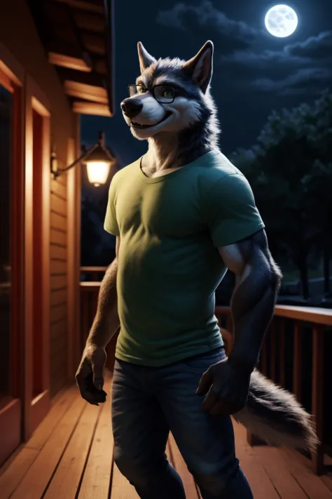 by dacad, by s1m, solo, werewolf, cute, standing, playful, head turned, loving expression, (dark-green t-shirt), denim pants,
photo real, dramatic lighting. detailed fur, extremely detailed CG unity 8k wallpaper, highest quality, outside deck, looking at viewer, werewolf tail, glasses, male, muscular, tall, midnight, full moon,