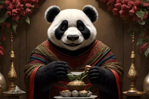 araffe dressed in a panda costume eating a bowl of food