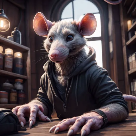 a close up of a rat in a hoodie sitting at a table