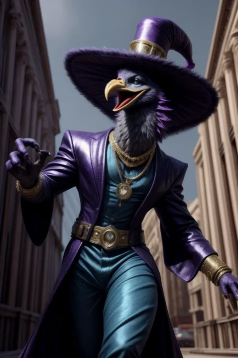 cinematic composition, dynamic_angle, solo,
<lora:Skeksis:1> skeksis, beak, bling, pimp, pimp_hat, open mouth,
Pimptavius Slappithronicus McKassidy,