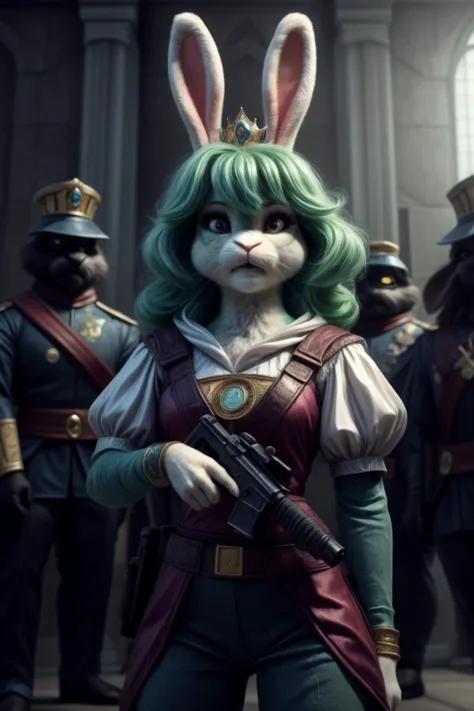 a woman in bunny ears and green hair holding a gun