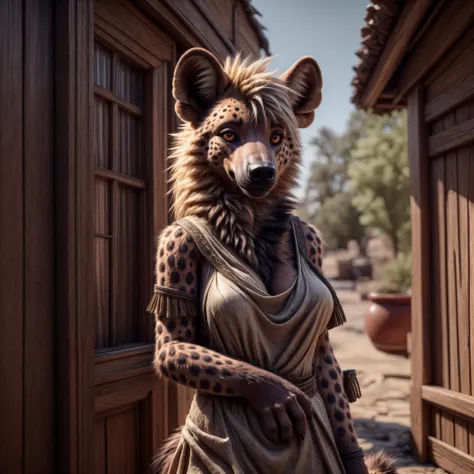 araffe in a dress and a leopard mask standing in front of a door