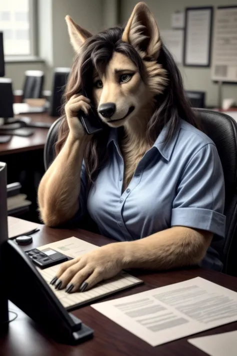 arafed woman in a blue shirt sitting at a desk with a dog mask on her head