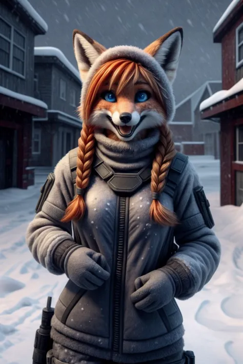 cheerful_excited_pose,
(blizzard:1.2), sleet, hail,
1girl, red_fox_girl, <lora:anna:0.7> anna, blue eyes, freckles, twin braids, orange hair, dressed in winter_tactical_gear,