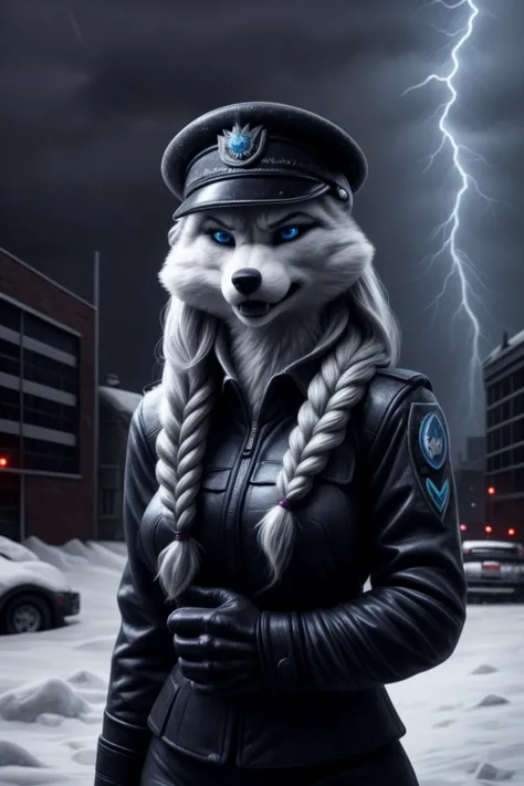 Propaganda_poster, defiant_dominant_pose,
stormy_night, (blizzard:1.2), sleet, hail, lightening, grim_weather_for_grim_deeds,
1girl, arctic_fox_girl, <lora:elsa:0.7> elsa, blue eyes, long hair, single braid, peaked_cap, black_uniform, angry_sneer,