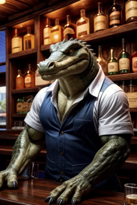 1 crocodile_man, bartender, dive_bar, flies, sunshine, Australia,