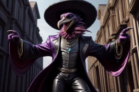 araffe in a purple coat and hat with a purple cape