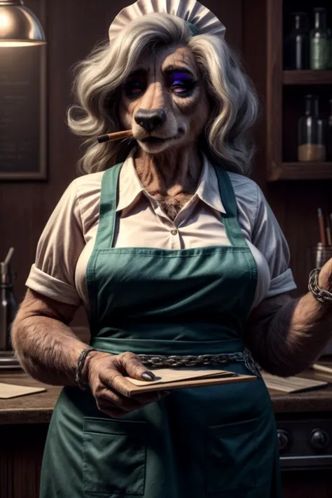 Sheila, Goddess of Chain_Smoking Waitresses That Call You "Hon", old_woman, tired_eyes, jaded, heavy_makeup, pink_dress, apron, notepad,