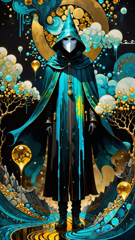 oniric portrait of a tall cloaked figure with a white mask, Azem the Traveler, yearning to explore the ends of the world to discover its wonders and help its denizens, by Andy Kehoe, a gradient masterpiece, blue cyan yellow, Rococopunk, luminism, seamless, China ink, Ink Bubbles, Gold leaf lines, alcohol ink elements, curved lines, cinematic, realism, chiaroscuro, Shadow play, Gold leaf small lines, bright splashes of alcohol ink puddles, volumetric light, auras, rays of sunlight, bright colors reflect, isometric, digital art, smog, pollution, toxic waste, chimneys and railroads, 3d render, octane render, volumetrics, by greg rutkowski