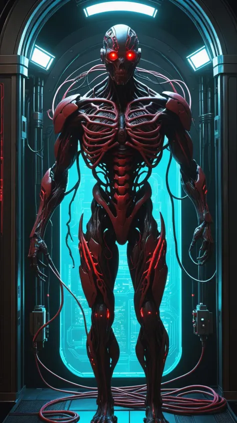 biomechanical cyberpunk a cybermutant fleshmutant, pulsating flesh and biomechanical limbs, fusion of flesh and machine, detaile...