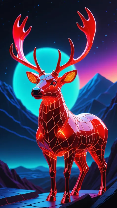 instant christmas, neon red reindeer, high quality fantasy art of a beautiful raging reindeer made of transparent glass, glowing...