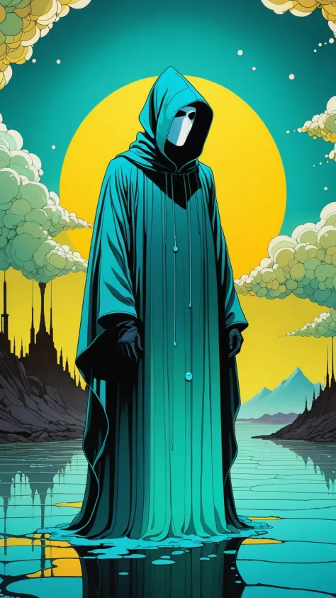 oniric portrait of a tall cloaked figure with a white mask, Azem the Traveler, yearning to explore the ends of the world to discover its wonders and help its denizens, by Andy Kehoe, a gradient masterpiece, blue cyan yellow, Rococopunk, luminism, vaporwave, glitched body, seamless, China ink, Ink Bubbles, alcohol ink elements, curved lines, cinematic, realism, chiaroscuro, Shadow play, Gold leaf small lines, bright splashes of alcohol ink puddles, volumetric light, auras, rays of sunlight, bright colors reflect, isometric, digital art, smog, pollution, toxic waste, chimneys and railroads, 3d render, octane render, volumetrics, by greg rutkowski, vaporwave aesthetic