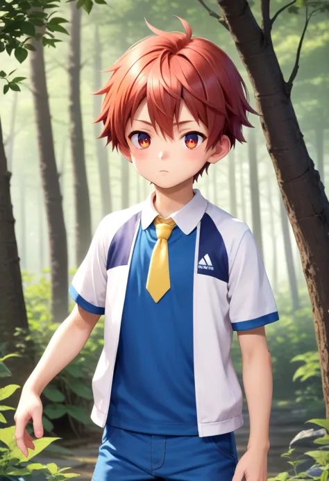 score_9, score_8_up, score_7_up, detailed eyes, forest, BREAK
straight on shot, standing,  <lora:PerfectEyesXL:0.8> perfecteyes, sfw, petite,
 <lora:Tsurumi_Tsubasa_XL:0.7> TsurumiTsubasa, 1boy, soro, red hair, red eyes, short hair, slant eyes. blue shorts, Yellow necktie, blue open sleeveless jacket