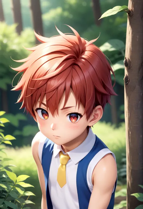 anime boy with red hair and blue vest and yellow tie