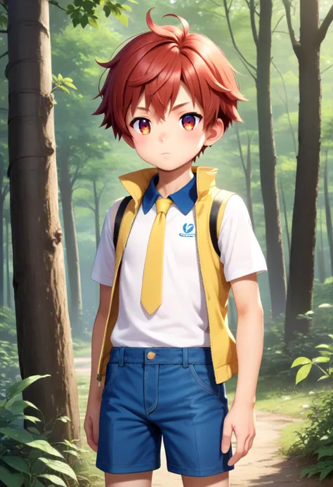 score_9, score_8_up, score_7_up, detailed eyes, forest, BREAK
straight on shot, standing,  <lora:PerfectEyesXL:0.8> perfecteyes, sfw, petite,
 <lora:Tsurumi_Tsubasa_XL:0.7> TsurumiTsubasa, 1boy, soro, red hair, red eyes, short hair, slant eyes. blue shorts, Yellow necktie, blue open sleeveless jacket