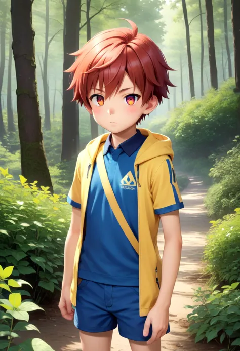 score_9, score_8_up, score_7_up, detailed eyes, forest, BREAK
straight on shot, standing,  <lora:PerfectEyesXL:0.8> perfecteyes, sfw, petite,
 <lora:Tsurumi_Tsubasa_XL:0.7> TsurumiTsubasa, 1boy, soro, red hair, red eyes, short hair, slant eyes. blue shorts, Yellow necktie, blue open sleeveless jacket