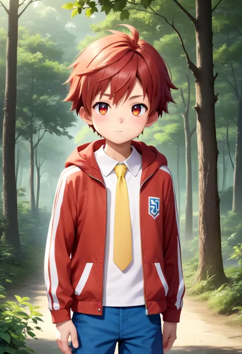 anime boy in a red jacket and tie standing in a forest