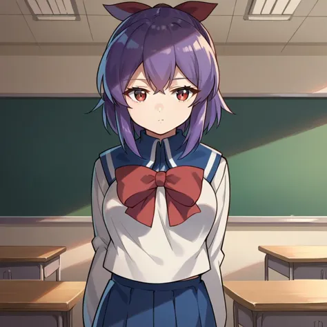 <lora:Fujino Shion - Hatsu Inu-000003:1>, FujinoShion, 1girl, solo, hair ribbon, classroom, standing, school uniform, serafuku, long sleeves, skirt, red bow, red bowtie, arms at sides, cowboy shot, breasts, expressionless, score_9,score_8_up,score_7_up,source_anime