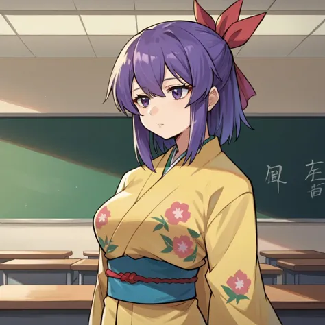 anime girl in kimono outfit standing in front of a blackboard