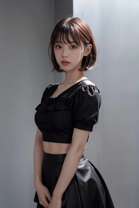 1girl,hair with bangs,black blouse and black skirt, ,white background,  <lora:Mookzap-04:1>