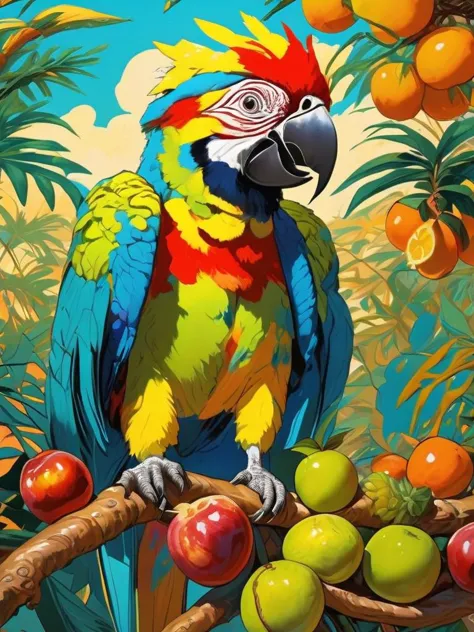 Post-impressionist oil painting of a colorful parrot perched on a tropical branch, with a bold still life of fruits and feathers reflecting the vibrant hues of the bird, by Paul Gauguin and Vincent van Gogh, cinematic composition, trending on ArtStation.