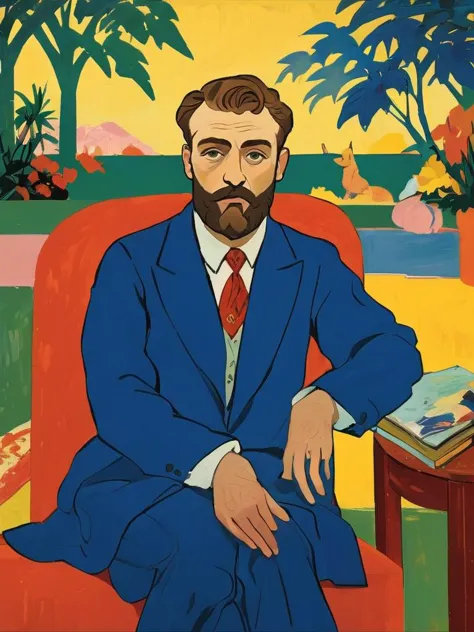 a close up of a painting of a man in a suit sitting on a chair