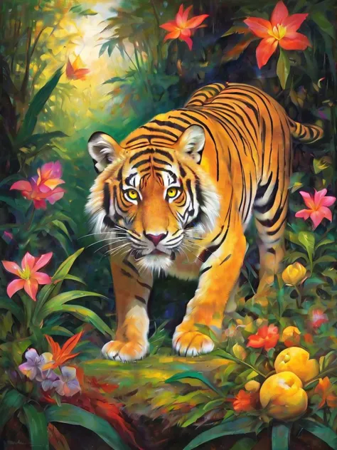 Expressionist oil painting of a fierce tiger lurking in the jungle, its eyes glowing with untamed energy, alongside a vibrant still life of exotic fruits and flowers, by Franz Marc and Emil Nolde, cinematic composition, trending on ArtStation.