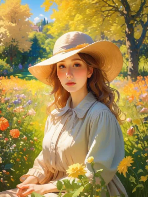 a painting of a woman in a hat sitting in a field of flowers