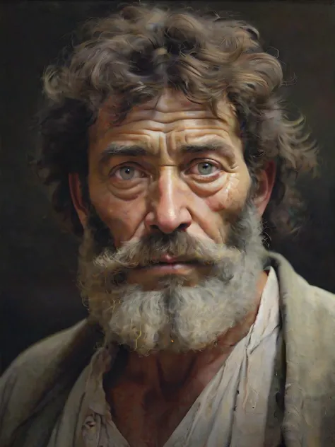 Realist oil painting of a rugged face marked by time, with eyes that carry stories untold, set against a dimly lit, neutral background, by Ilya Repin and Gustave Courbet, cinematic composition, trending on ArtStation.