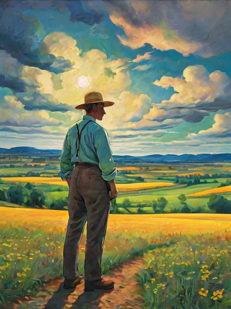 painting of a man standing in a field with a hat on