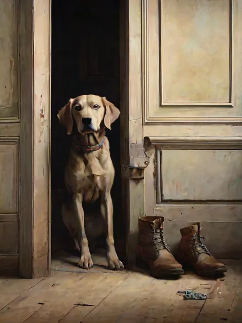 painting of a dog sitting in a doorway with a pair of boots