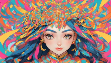 a woman with a colorful headdress and a colorful background