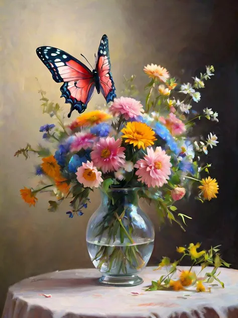 Impressionist oil painting capturing the ethereal beauty of a butterfly perched on a bouquet of wildflowers, bathed in the soft, diffused light of a spring morning, by Claude Monet and Édouard Manet, cinematic composition, trending on ArtStation.