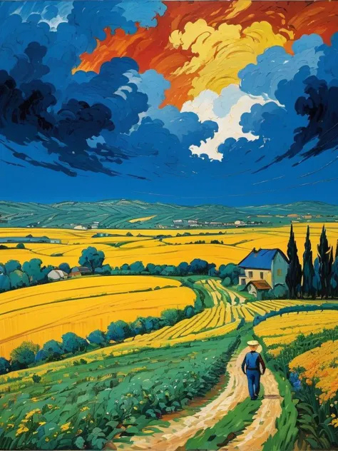 a painting of a person walking down a dirt road near a field