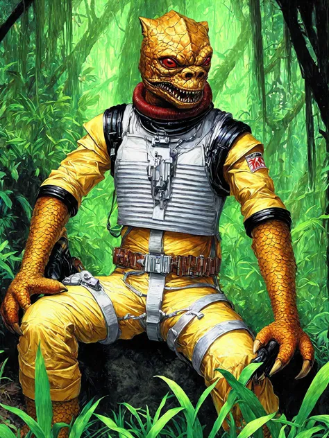 painting,trandoshan alien,yellow jumpsuit,red collar, holding a rifle,white and black armor,in a jungle<lora:trandoshanV2>