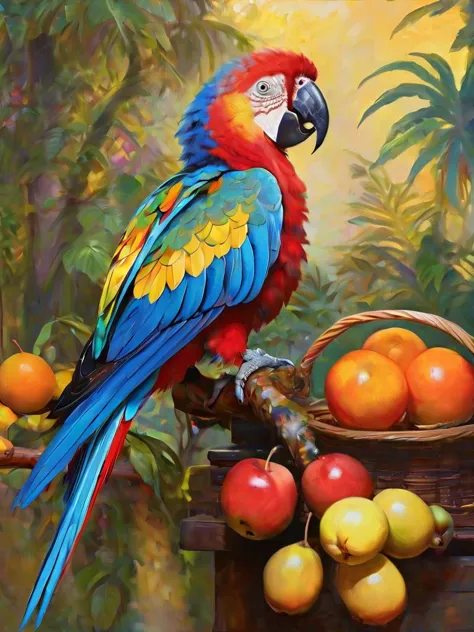 painting of a parrot sitting on a branch with fruit in a basket