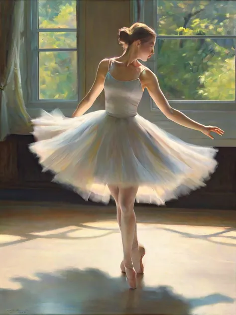 Impressionist full-body oil painting of a ballerina in mid-twirl, her delicate dress catching the light, capturing the movement and fluidity of the moment, by Edgar Degas and Claude Monet, cinematic composition, trending on ArtStation.